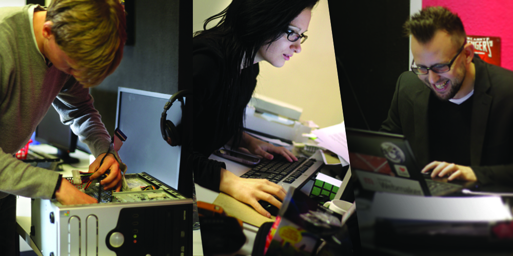 A montage of various FreeTech Project personnel trying not to laugh while being photographed working.