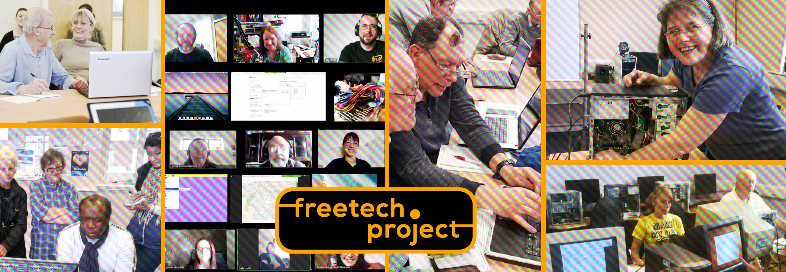 A montage of FreeTech Project activities with the organisation's logo, including different people with different kinds of technology, from mobile devices to laptop and desktop computers, in-person and online via video meet-ups.